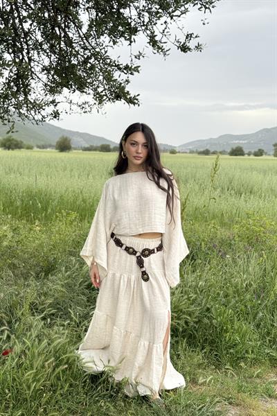 Keten Bluzlu Etek Takım Bej 