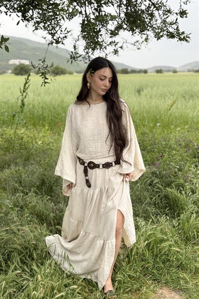 Keten Bluzlu Etek Takım Bej 