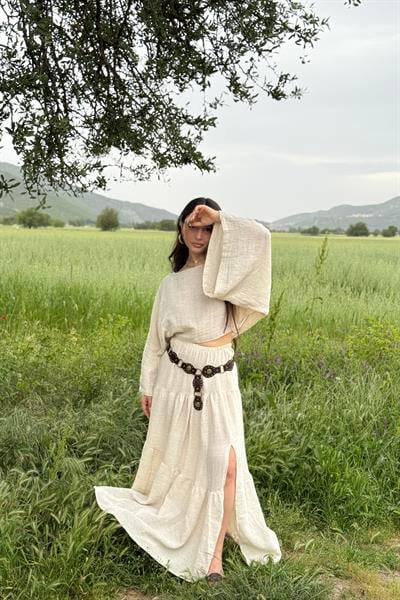 Keten Bluzlu Etek Takım Bej 