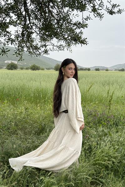 Keten Bluzlu Etek Takım Bej 