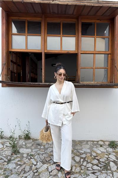 Keten Kemerli Lüks Takım Ekru