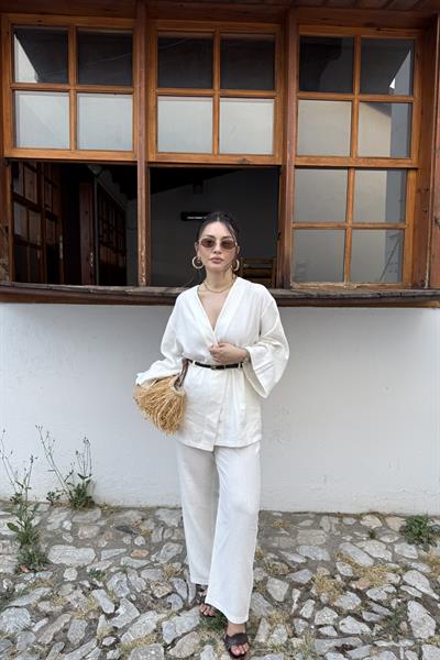 Keten Kemerli Lüks Takım Ekru