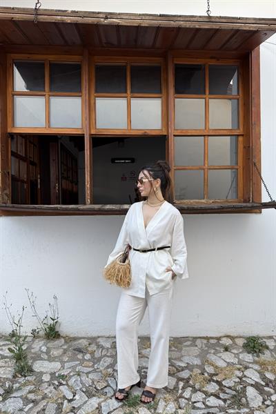 Keten Kemerli Lüks Takım Ekru