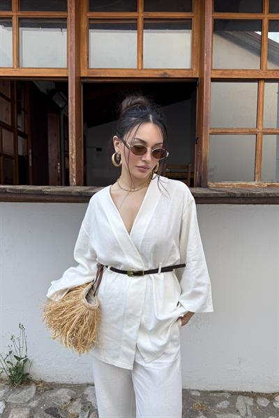 Keten Kemerli Lüks Takım Ekru