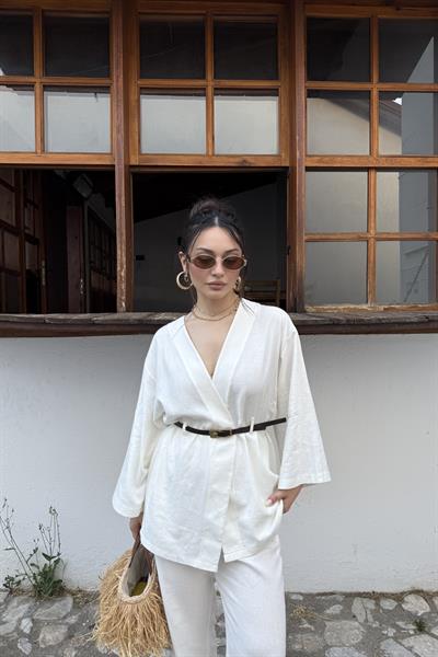 Keten Kemerli Lüks Takım Ekru