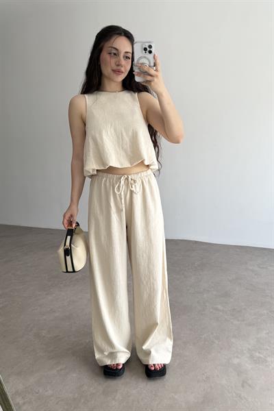 Üstü Balon Keten Pantolonlu Natural Takım 