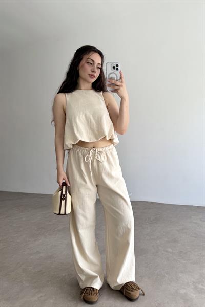 Üstü Balon Keten Pantolonlu Natural Takım 