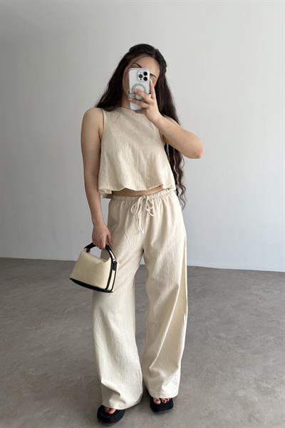 Üstü Balon Keten Pantolonlu Natural Takım 