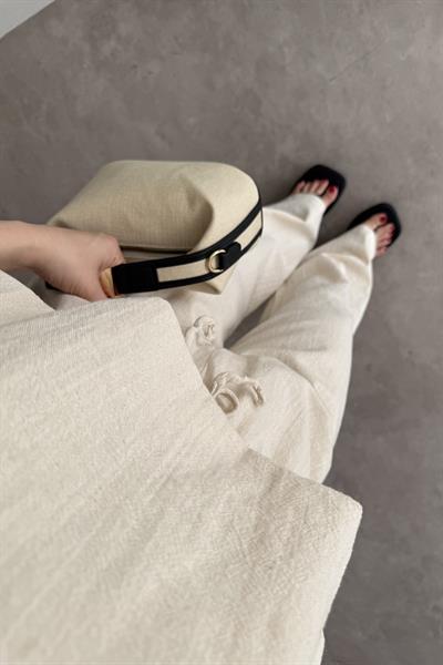 Üstü Balon Keten Pantolonlu Natural Takım 