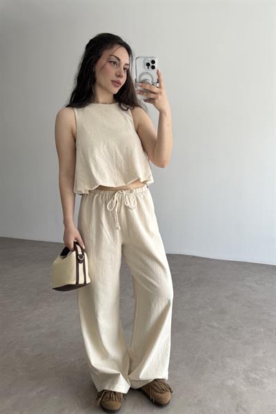 Üstü Balon Keten Pantolonlu Natural Takım 