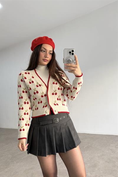 Kiraz Desenli Triko Hırka 