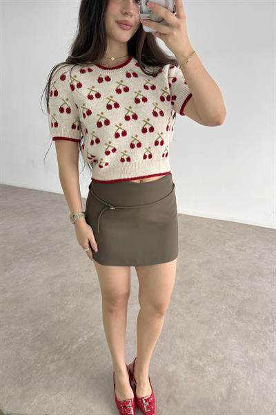 Kiraz Motifli Örgü Kısa Triko Bluz 