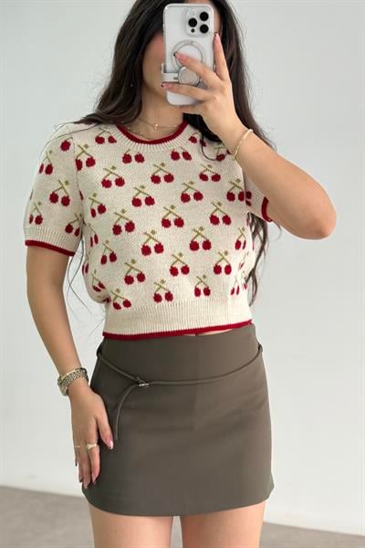 Kiraz Motifli Örgü Kısa Triko Bluz 