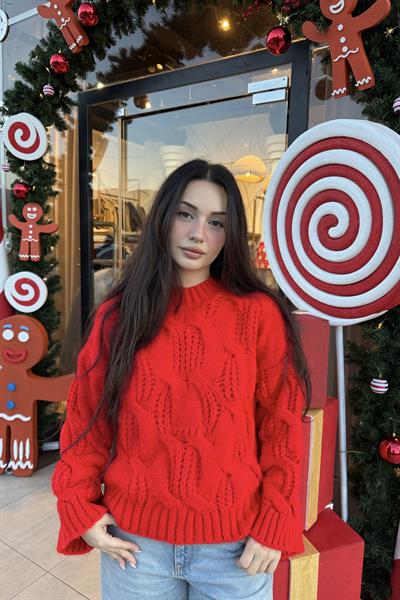 Kırmızı Premium Saç Örgü Kazak