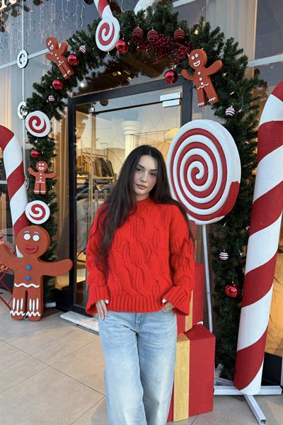 Kırmızı Premium Saç Örgü Kazak