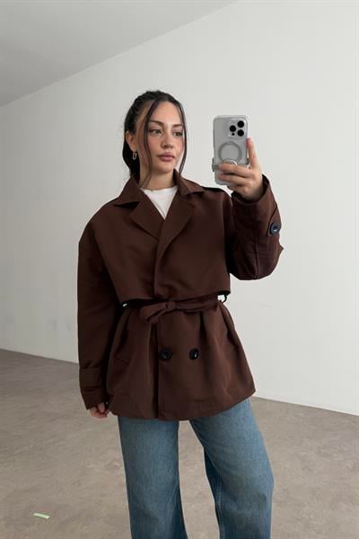 Kısa Kuşaklı Kruvaze Kahve Trençkot
