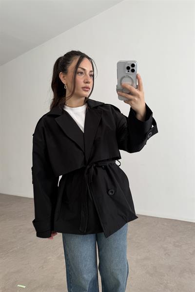 Kısa Kuşaklı Kruvaze Siyah Trençkot