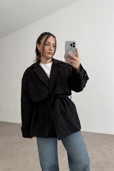 Kısa Kuşaklı Kruvaze Siyah Trençkot