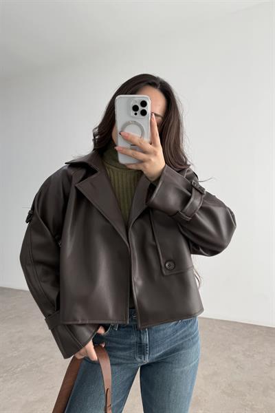 Klasik Kesim Apoletli Acı Kahve Deri Ceket