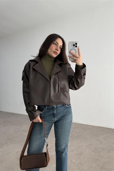 Klasik Kesim Apoletli Acı Kahve Deri Ceket