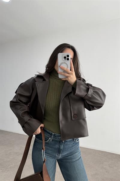 Klasik Kesim Apoletli Acı Kahve Deri Ceket