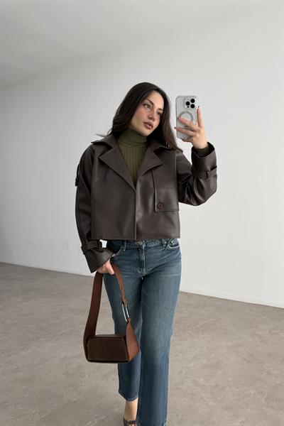 Klasik Kesim Apoletli Acı Kahve Deri Ceket