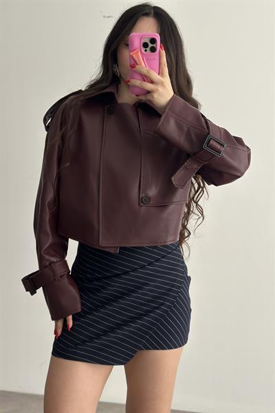 Klasik Kesim Apoletli Bordo Deri Ceket