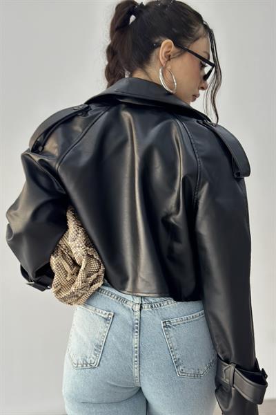 Klasik Kesim Apoletli Siyah Deri Ceket