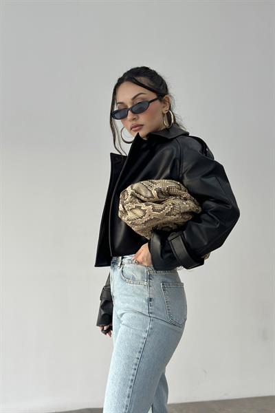 Klasik Kesim Apoletli Siyah Deri Ceket