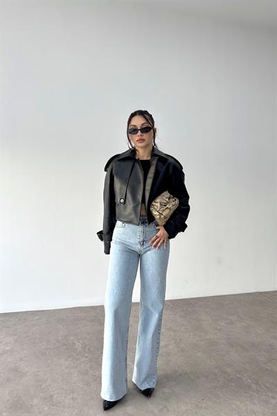 Klasik Kesim Apoletli Siyah Deri Ceket