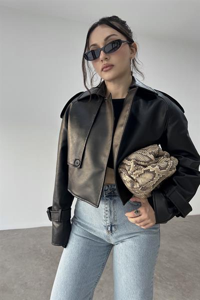 Klasik Kesim Apoletli Siyah Deri Ceket