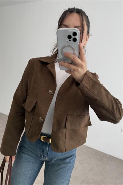 Klasik Kesim Düğmeli Kısa Süet Ceket Kahve 