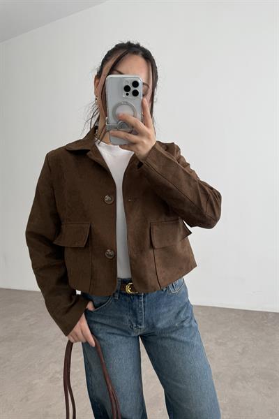 Klasik Kesim Düğmeli Kısa Süet Ceket Kahve 