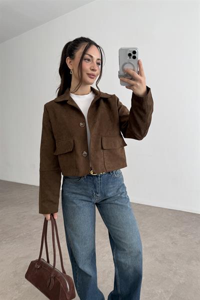 Klasik Kesim Düğmeli Kısa Süet Ceket Kahve 