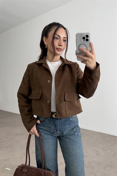 Klasik Kesim Düğmeli Kısa Süet Ceket Kahve 
