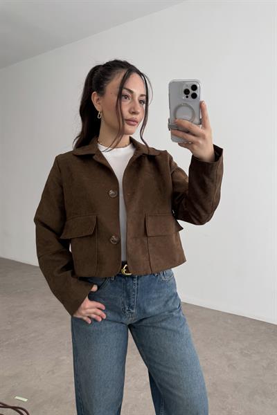 Klasik Kesim Düğmeli Kısa Süet Ceket Kahve 