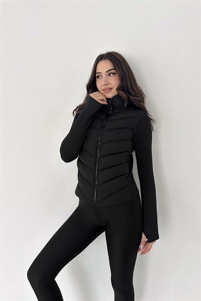 Kollu Kapüşonlu Kontrast Şişme Mont