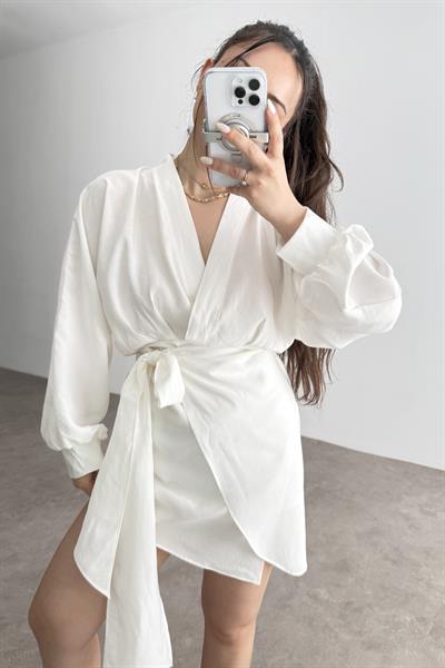 Kruvaze Bağlama Detaylı Modal Elbise Beyaz 