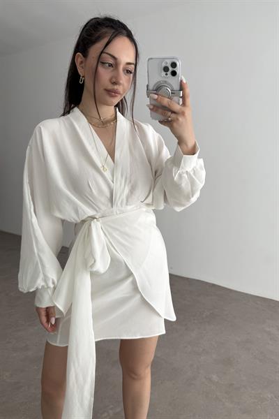 Kruvaze Bağlama Detaylı Modal Elbise Beyaz 
