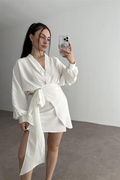 Kruvaze Bağlama Detaylı Modal Elbise Beyaz 