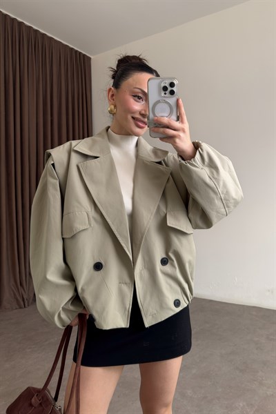 Kruvaze Bomber Model Düğmeli Çağla Ceket