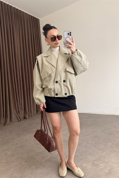 Kruvaze Bomber Model Düğmeli Çağla Ceket