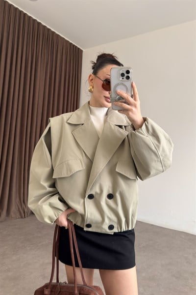 Kruvaze Bomber Model Düğmeli Çağla Ceket