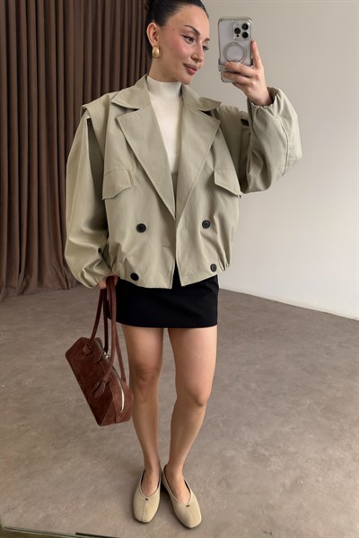 Kruvaze Bomber Model Düğmeli Çağla Ceket