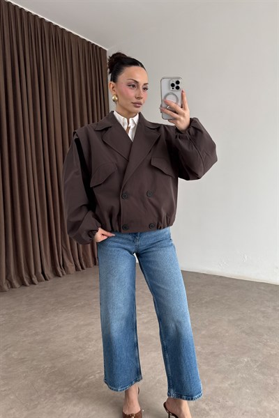 Kruvaze Bomber Model Düğmeli Kahve Ceket