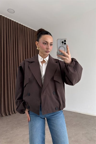 Kruvaze Bomber Model Düğmeli Kahve Ceket