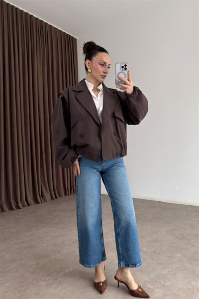 Kruvaze Bomber Model Düğmeli Kahve Ceket