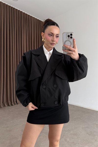 Kruvaze Bomber Model Düğmeli Siyah Ceket