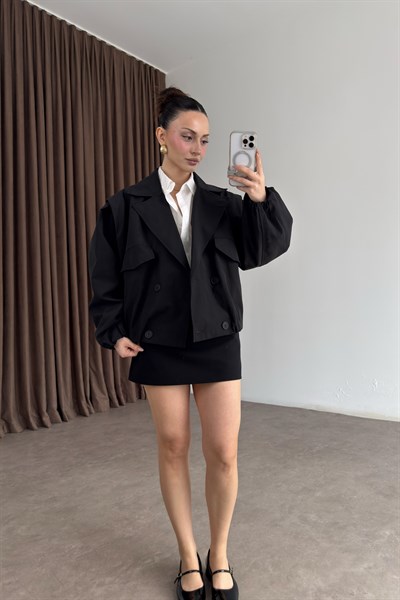 Kruvaze Bomber Model Düğmeli Siyah Ceket
