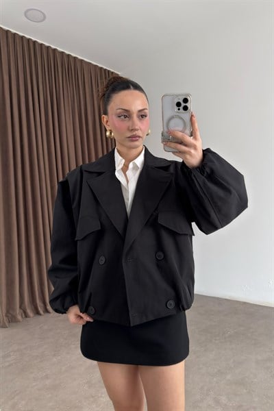 Kruvaze Bomber Model Düğmeli Siyah Ceket